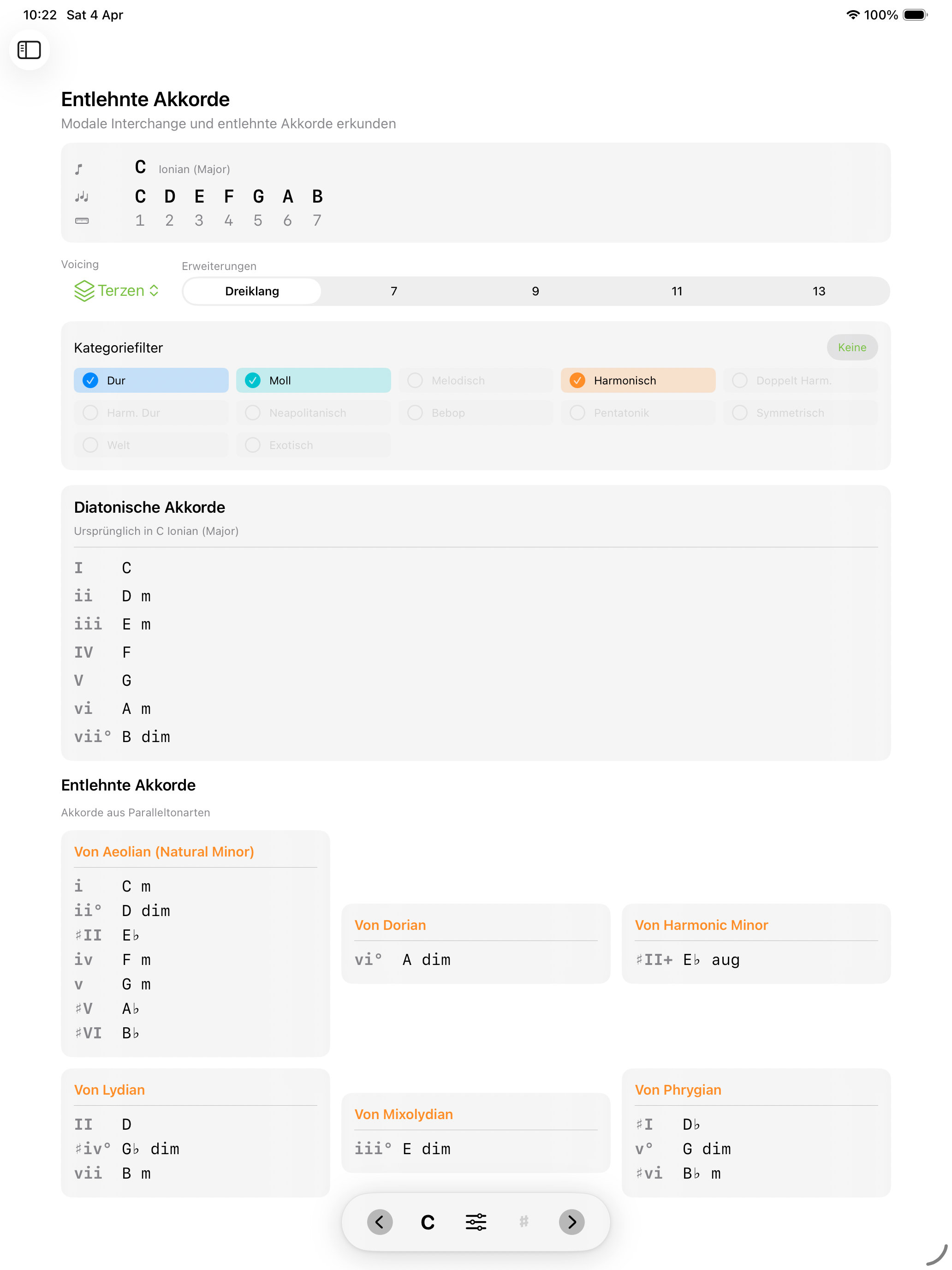 Entliehene-Akkorde-Bildschirm auf iPad